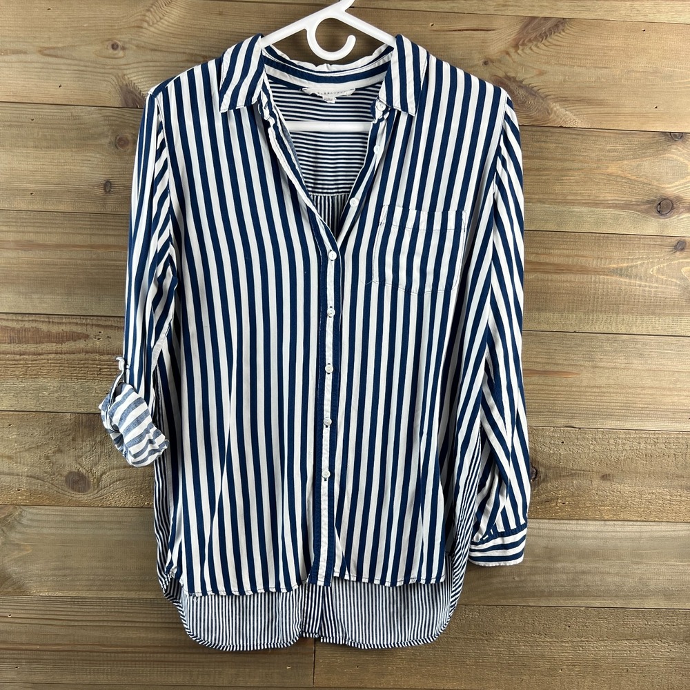 Jane & Delancey Womens Shirt Long Sleeve Button Up Button Back Striped Medium
